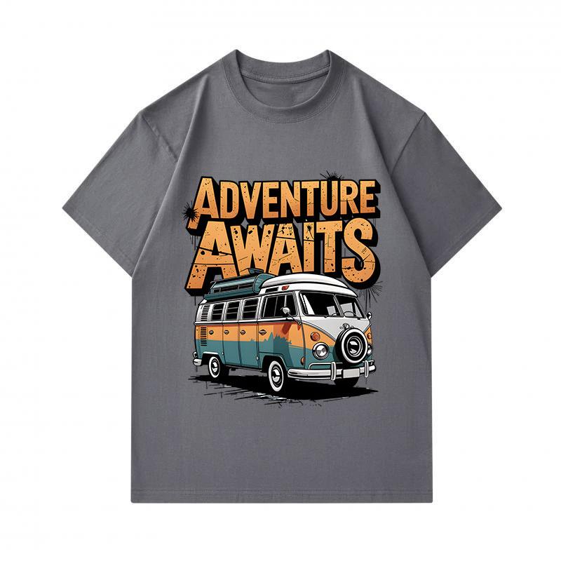 Men's 100% Cotton Short Sleeve Crew Neck T-Shirt, Retro Adventure Awaits Vintage Camper Van Graphic Print Casual Comfortable Tee for Daily Outdoor Tra