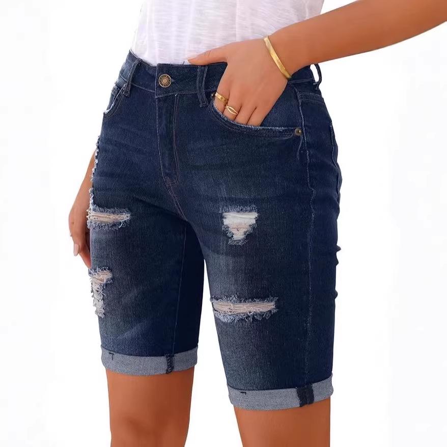 Women s European & American High-Waisted Ripped Denim Shorts Extra Large