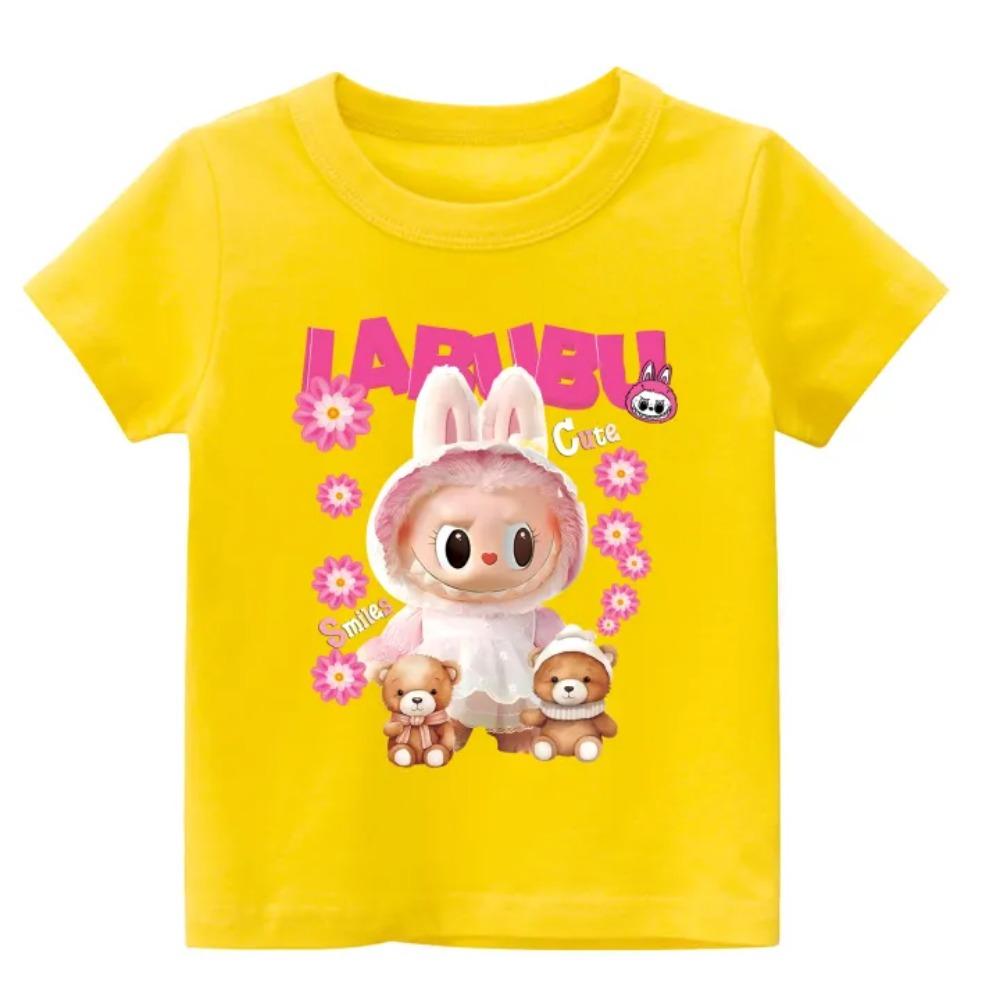 2025 New Children's T-shirt with Teddy Bear and LABUBU Printed Round Neck Short Sleeved Casual Girls' Top