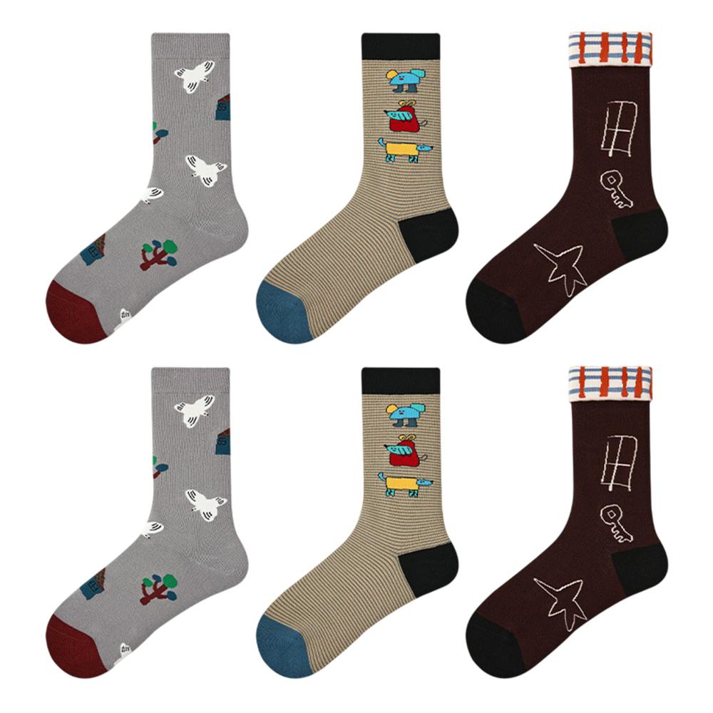 3 Pairs Fashion Cotton Socks Breathable Moisture Wicking Elastic Mid Calf Socks for Women