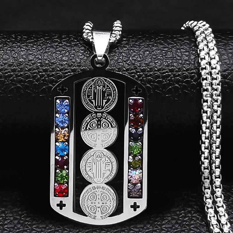Stainless Steel Mix Color Crystal Saint Benedict Pendant Necklace Color Christian Necklaces Jewelry San Benito N6571SR