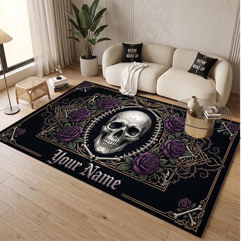 Totenkopf Gothic Thema Weicher Kristall-Samt Teppich Benutzerdefinierter Name & Text Druck Rutschfester Boden Teppich für Schlafzimmer Wohnzimmer