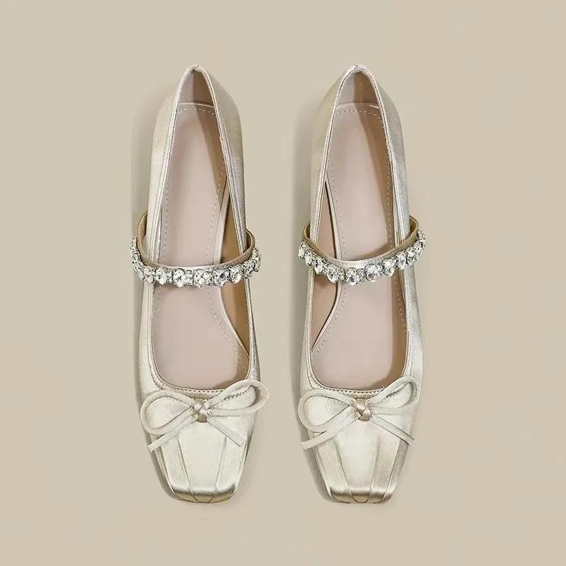 Fashion 2024 Elegant Woman Summer Round Toe Ballerina Flats Shoes  Cute Silk Satin Rhinestone Casual Flats Female Bow Mary Jane Shoes