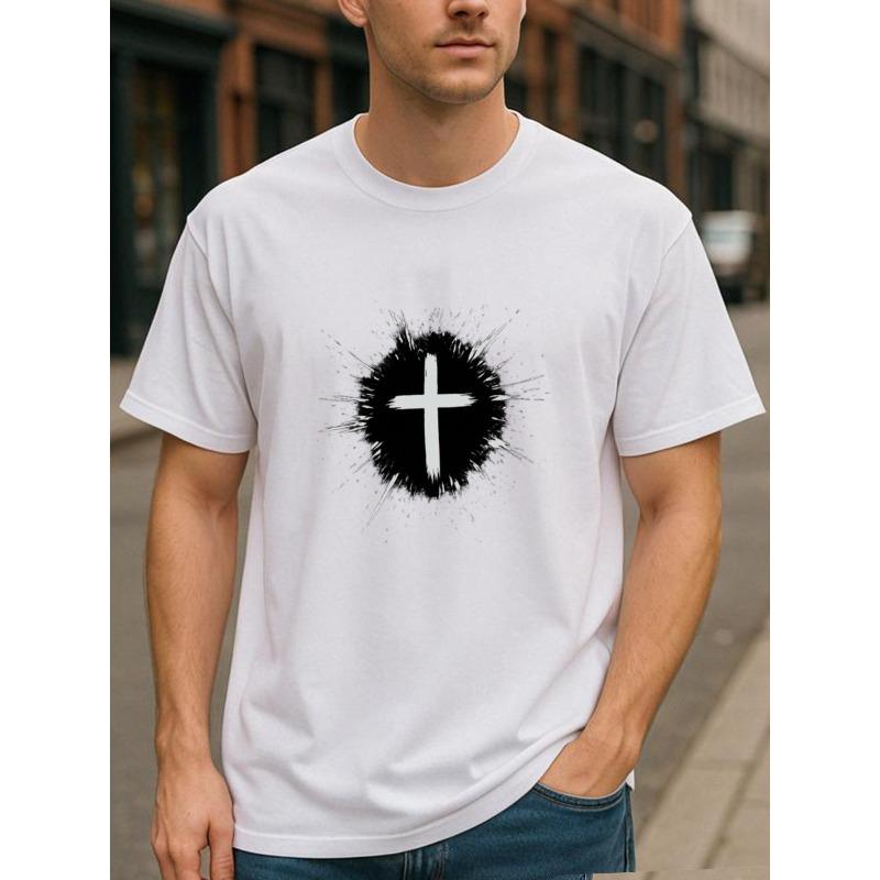 

European sizes Simple Cross Design | Christian Faith Men S Short-Sleeved Top | Casual, Loose Fit, Crew Neck, Medium Stretch Fabric, Printed Pattern 4XL білий