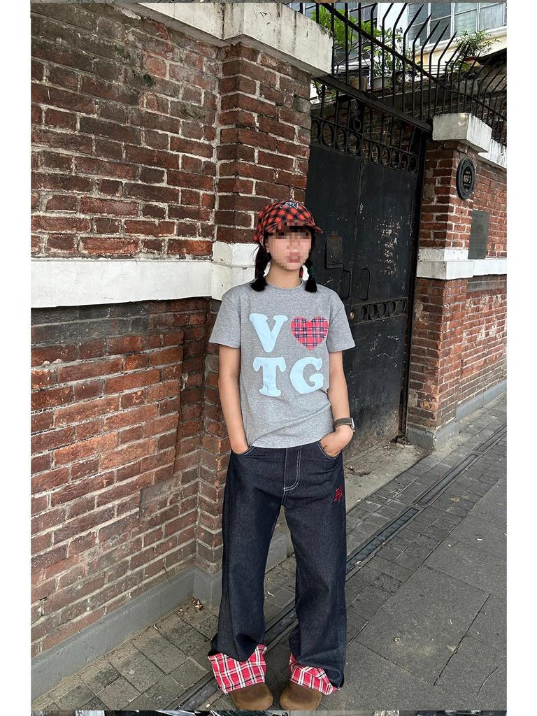 Męskie Jesienne Dżinsy w Kratę z Szerokimi Nogawkami, Podwinięte - Luksusowe, Luźne, Proste