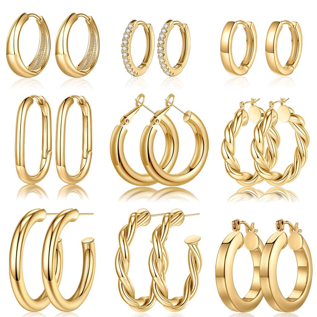 Yesteel 9 Pairs Gold Hoop Earrings for Women,Gold Plated Chunky Hoop Earrings Set for Women Hypoallergenic Thick Lightweight Earring for Womens