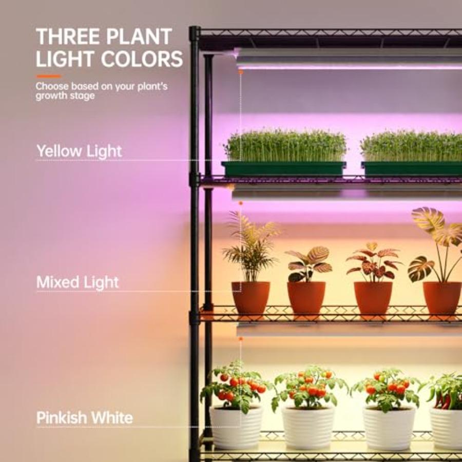 4-Tier Indoor Plant Shelf with 30W T5 Full Spectrum Grow Lights for Seed Starting and Seedlings Black Metal Plant Stand with Gr
