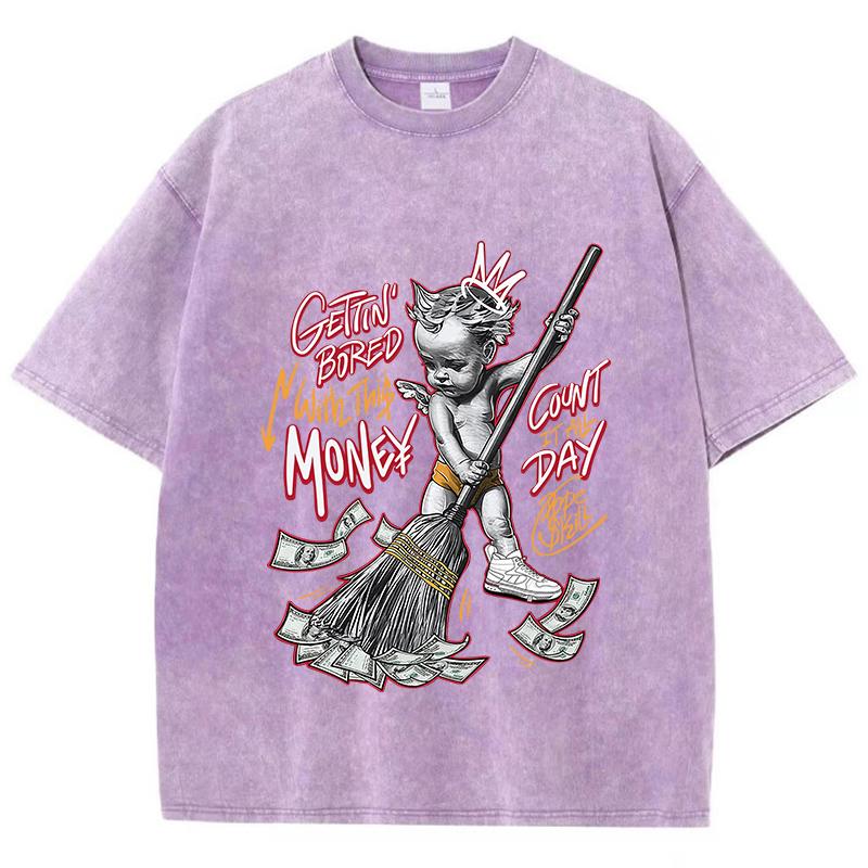 Woman Acid Wash T-Shirts Gettin Bored With This Money Prints Tops Oversize Comfortable Crewneck Tee Shirts Clothes