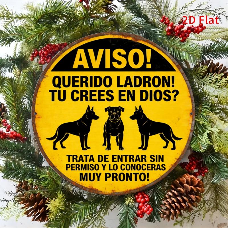 HD Tin Sign Spanish Beware Of Dogs Round Metal Wall Art Security Warning Decor