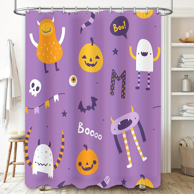 Whimsical Halloween-themed shower curtain featuring spooky monsters with a touch of fun ideal for adding some spookiness to your