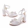 Women Heeled Sandals Summer Buckle Strap PU 9CM  Square Heel Simple White Pearl Bridal Dress Wedding Dress Shoes Women Shoes
