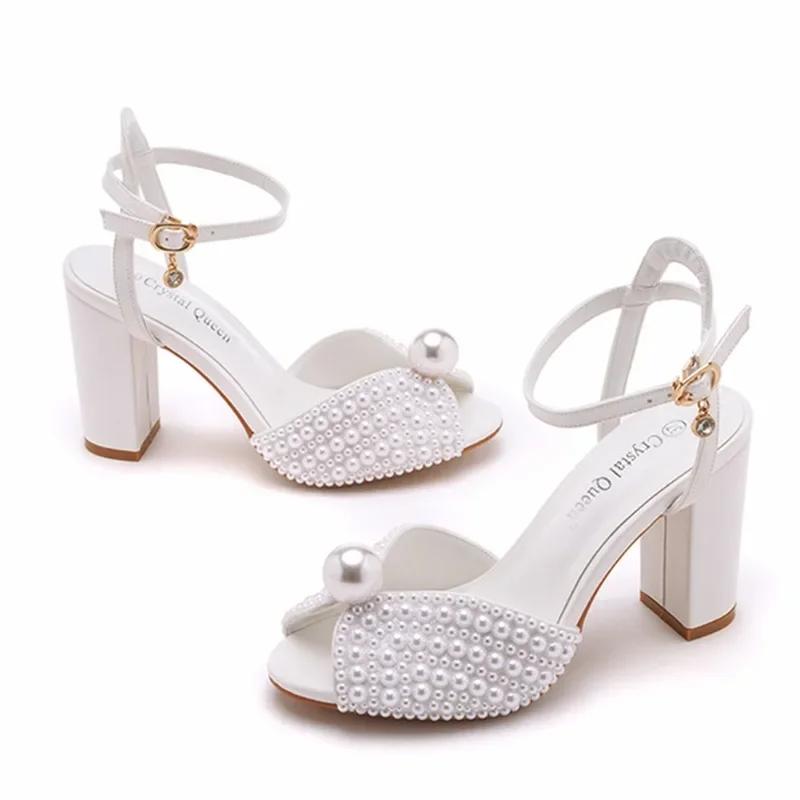 Women Heeled Sandals Summer Buckle Strap PU 9CM  Square Heel Simple White Pearl Bridal Dress Wedding Dress Shoes Women Shoes