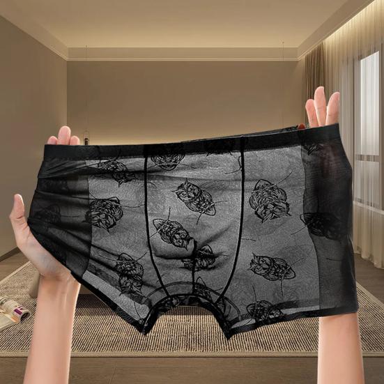 Men Boxer Underwear Low-rise Perspective Thin Shorts Panties Perspective Embroidery Lace Owl Pattern U-convex Underwear