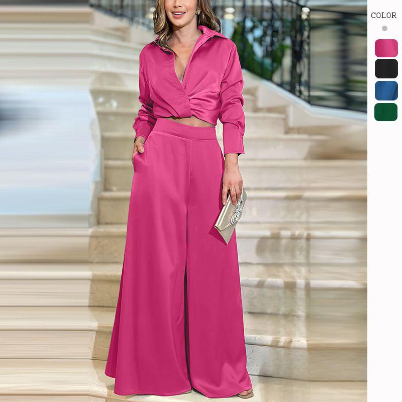Leisure Set Fashion New Spring and Autumn Women's Clothing Fashion Sexy Pleated Long Sleeves Loose Pants Casual Two-Piece Suit