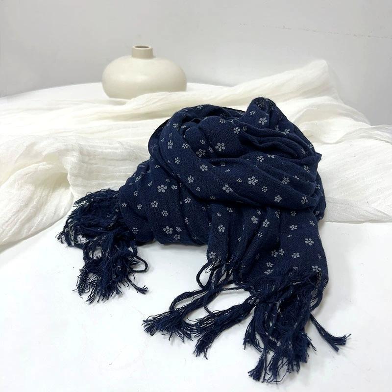 

Винтажный темно-синий шарф из хлопка и льна с цветочным принтом, тонкий, дышащий, универсальный платок для женщин 60x210cm