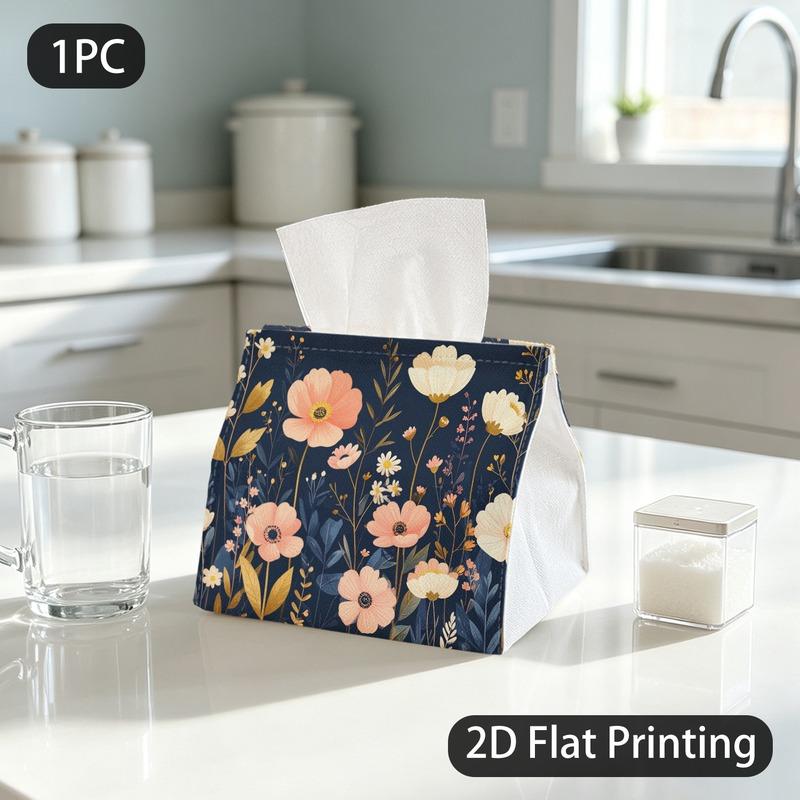 1pc Tissue Box, Flat Floral Wild Blooms Romantic Elegant Pattern, 2D Flat Printing, Keeps Dust Out, Built To Last, Tissue Organizer, for The Coffee Ta
