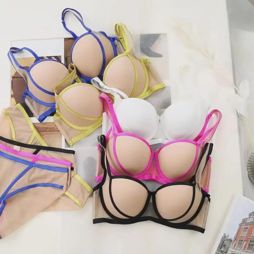 European & American Sexy Push-Up Bra Set with Glossy Contrast Straps