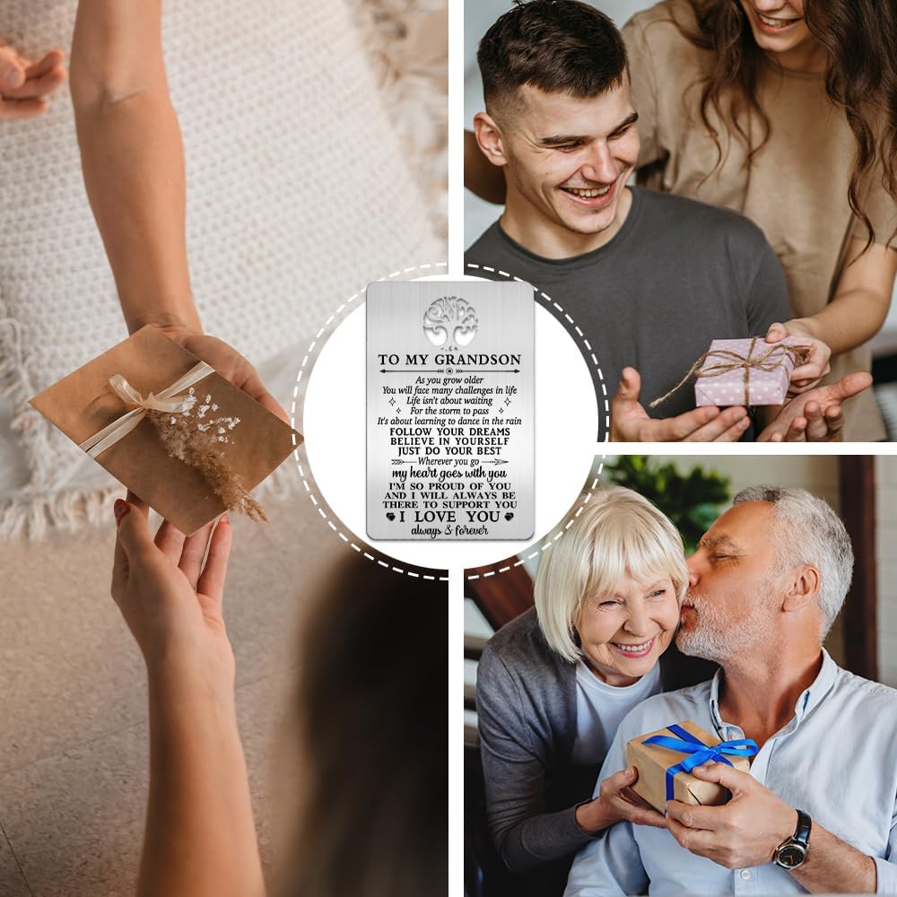 To My Grandson I Love You Wallet Card, Engraved Metal Wallet Insert Card with Love Note from Grandpa Grandma, Inspirational Gifts Graduation