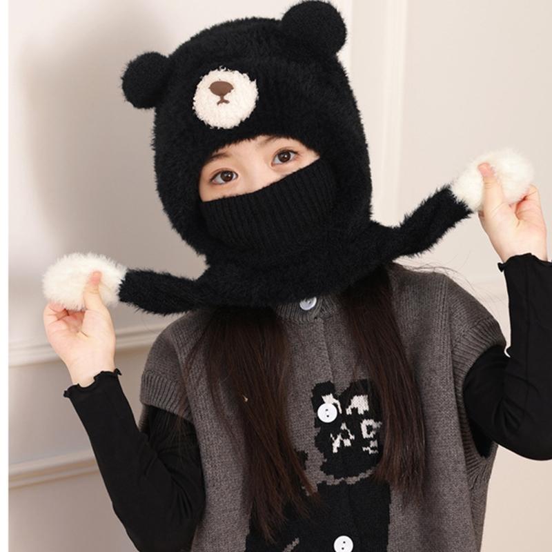 Children Face Cover Brimless Hat Neck Warmer With Cartoon Bear Design Pullover Earflap Hat For Toddler Skiing Hiking