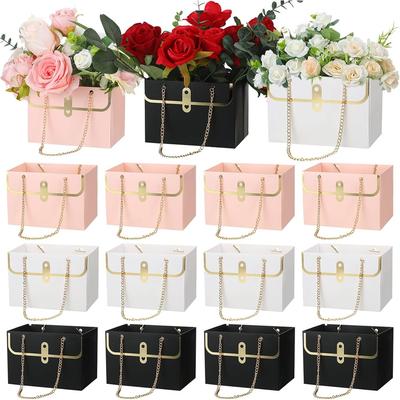 12Pcs Flower Gift Boxes With Metal Chain - 15x10x10.5cm Bouquet Storage Boxes For Mother's Day Valentine's Day Black/Pink/White
