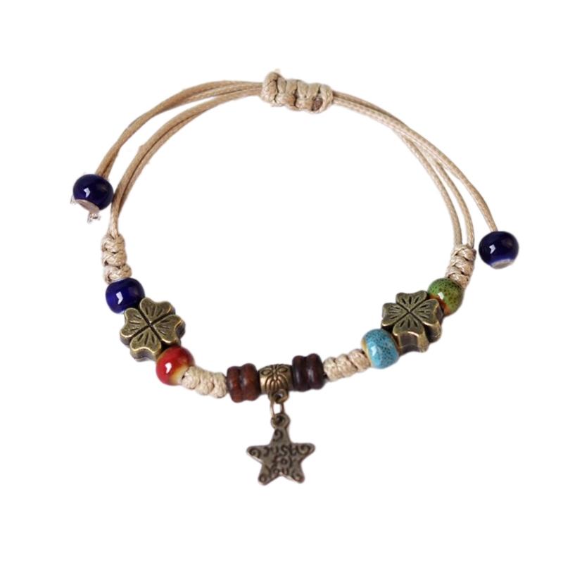 Adjustable Ethnic Ceramic Bracelet Handwoven Beaded Hand Rings Rope Stylish and Versatile Wrist Chains Jewelry Ornament