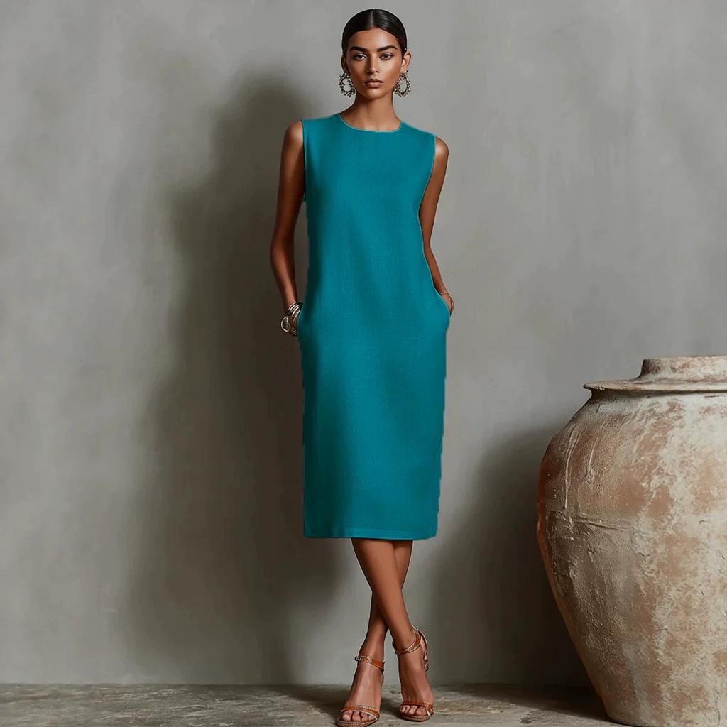 Women Sleeveless Side Pockets Midi Dress Solid Orange Casual Loose Fit Summer Dress