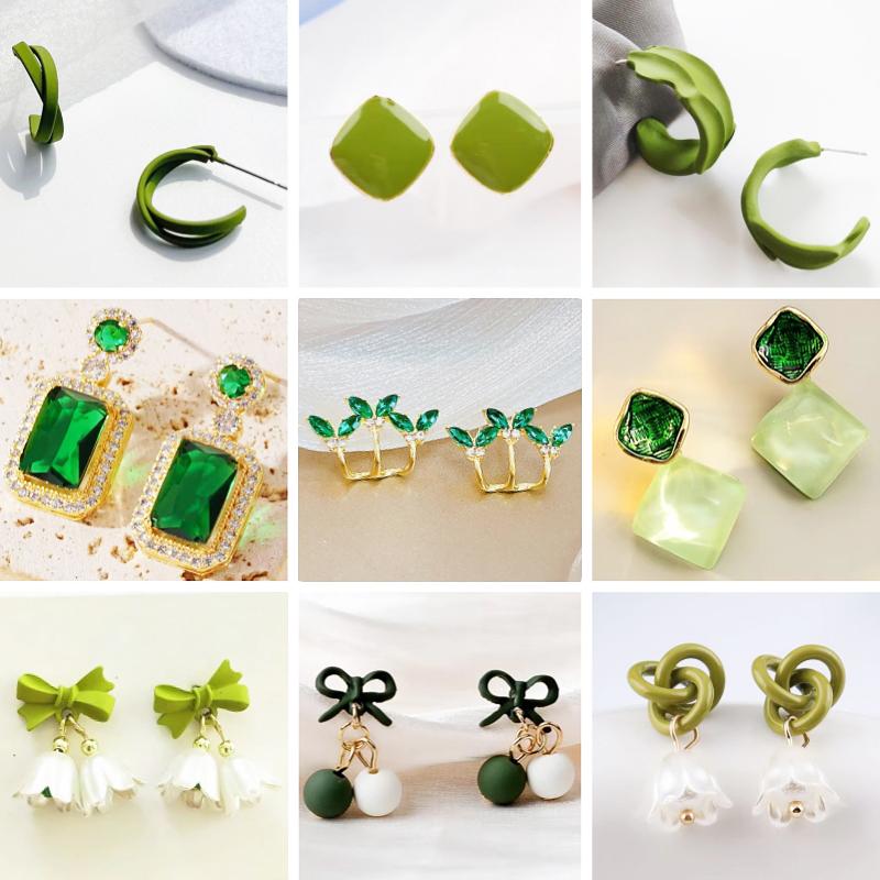 Green Crystal Women's Dangle Earrings Metal Square Pendants C-shaped Hollow Bowknot Hanging Earrings for Female