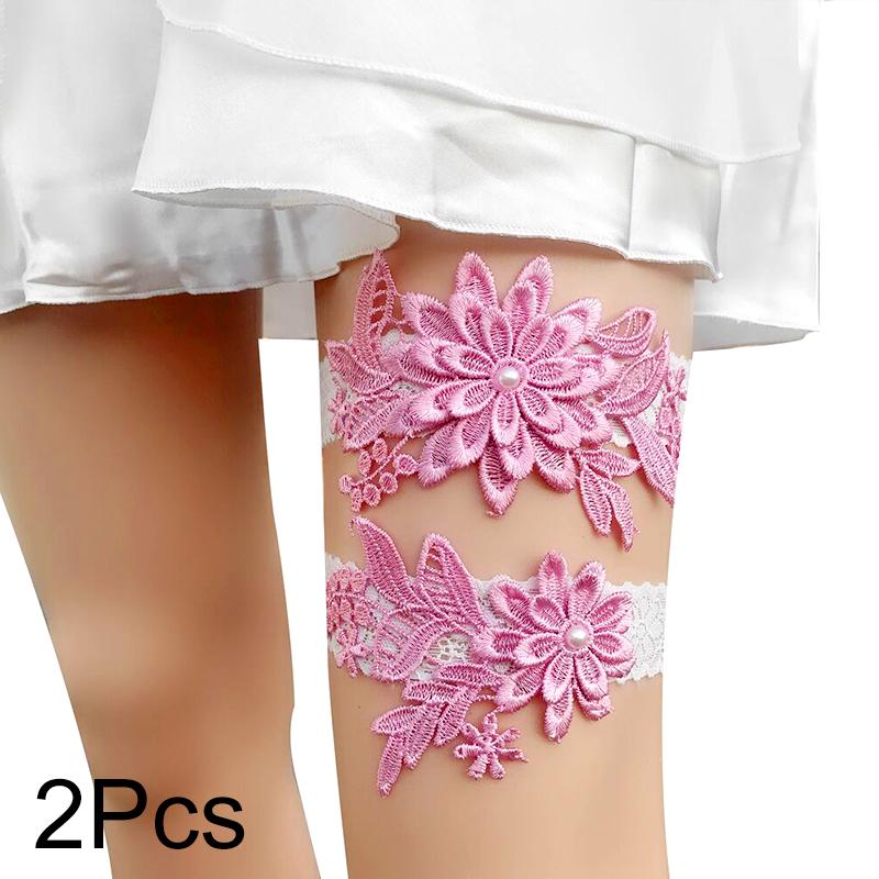 2 stücke Hochzeit Braut Strumpfbänder Spitze Blumen Nachahmung Perlen Elastische Bein Schleife Elegante Oberschenkel Bein Strumpfband Hochzeit Kleid Zubehör