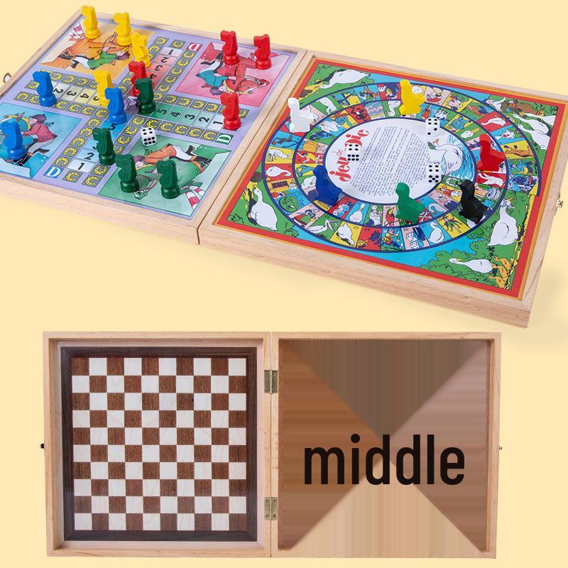 Tavola Multi-Gioco in Legno: Ludo, Gioco dell'Oca, Scacchi e Divertimento Educativo per Bambini