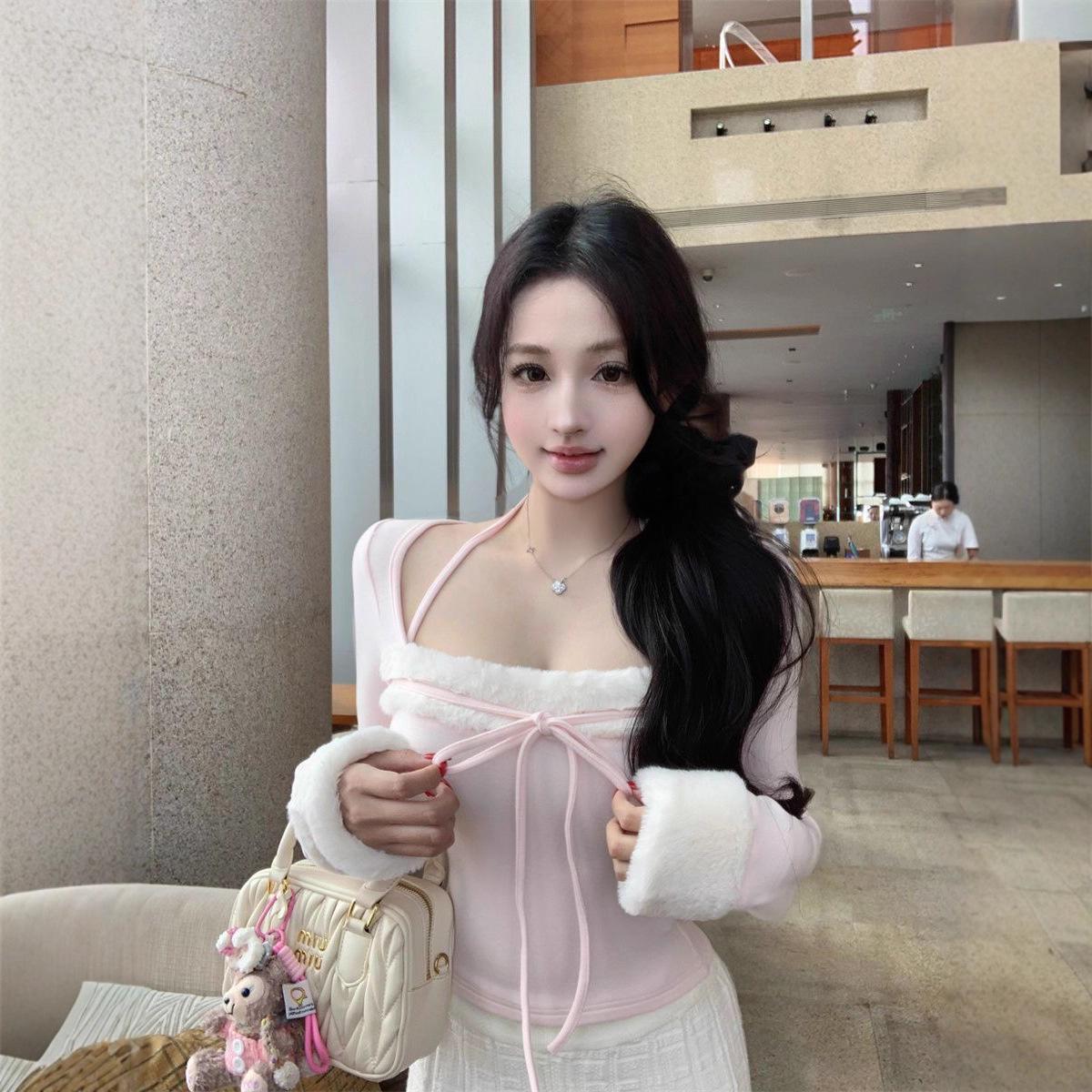 Pure Desire Patchwork Square Neck Halter Long Sleeve Slimming Women s Top - Autumn/Winter. Medium розовый