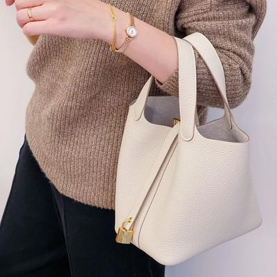 Leather Vegetable Basket Women's Bag Lychee Pattern Handbag Togo Cowhide Gold Buckle Bucket Bag Soft Leather Large Capacity Handbag