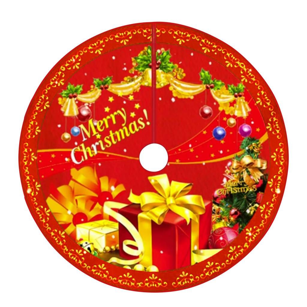 Christmas Tree Skirt with Gift Box and Ornament Print Holiday Decoration Round Mat for Home Office Party Use