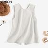 VONDA Women's Summer Round Neck Sleeveless Button Patch Solid Color Loose Vest