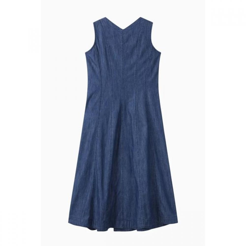 Benetton Hidden Button Sleeveless Denim Long Dress Baop93631
