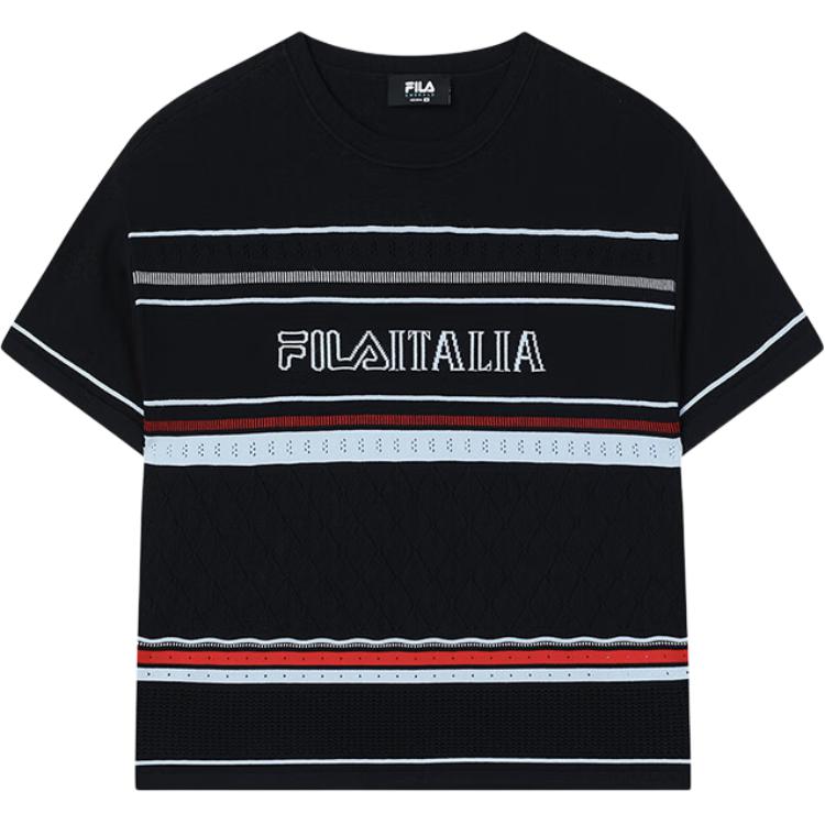 Fila Emerald Letter Embroidery Striped Pattern Round Neck Pullover Short Sleeve Knit Top Women Tops Legendary-Blue F11W434404F-NV