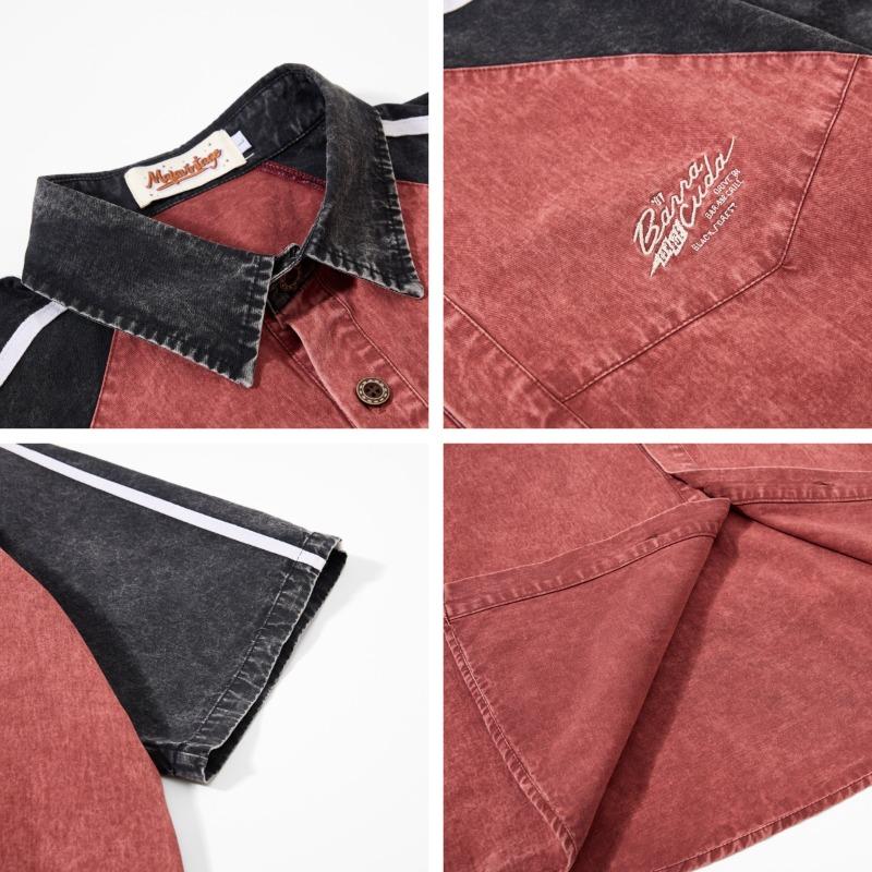 American Retro Old Splicing Letter Embroidery Contrasting Color Shoulder Sleeves Short Sleeves Shirt Men's and Women's Loose Casual Tops Summer