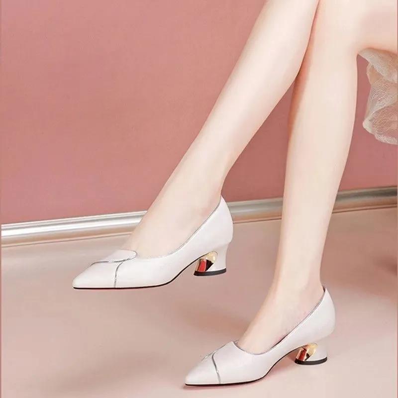 women fashion sweet pointed toe beige spring slip on square heel shoes lady classic office career work pumps ab509