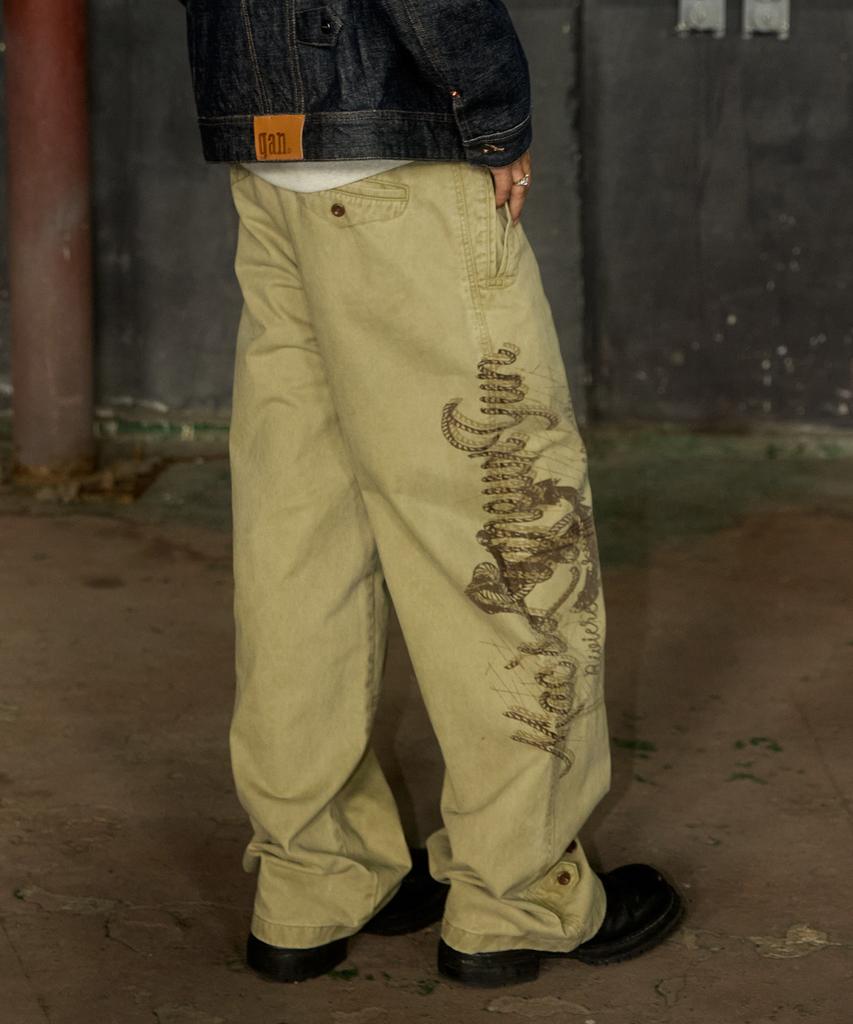 MAGOODGAN Farburn 4414 Washed Loop Print Wide Fit Beige Chino Pants