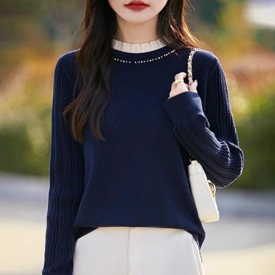 Einfarbiger Pullover Damen Perlenbesetzt Locker Modisch Unterziehstrickpullover Herbst und Winter Oberteil