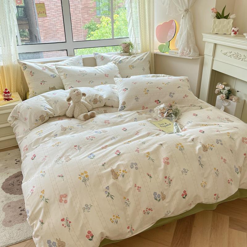 Princess style bed four-piece set pure cotton pure cotton small fresh bed sheet single quilt cover dormitory three-piece set duvet cover