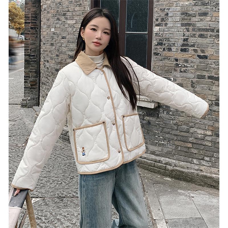Winter Women's Embroidered Teddy Bear Splicing Lapel Short Cotton Jacket S-XL
