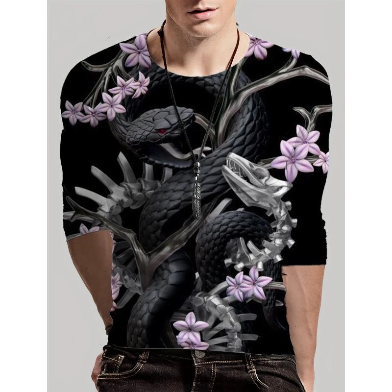 Round Neck 3D Snake Printed Top Casual Long Sleeved Men's T-shirts - Soft Medium Stretch Polyester Fabric Spring and Autumn Relaxed Fit Clothing
