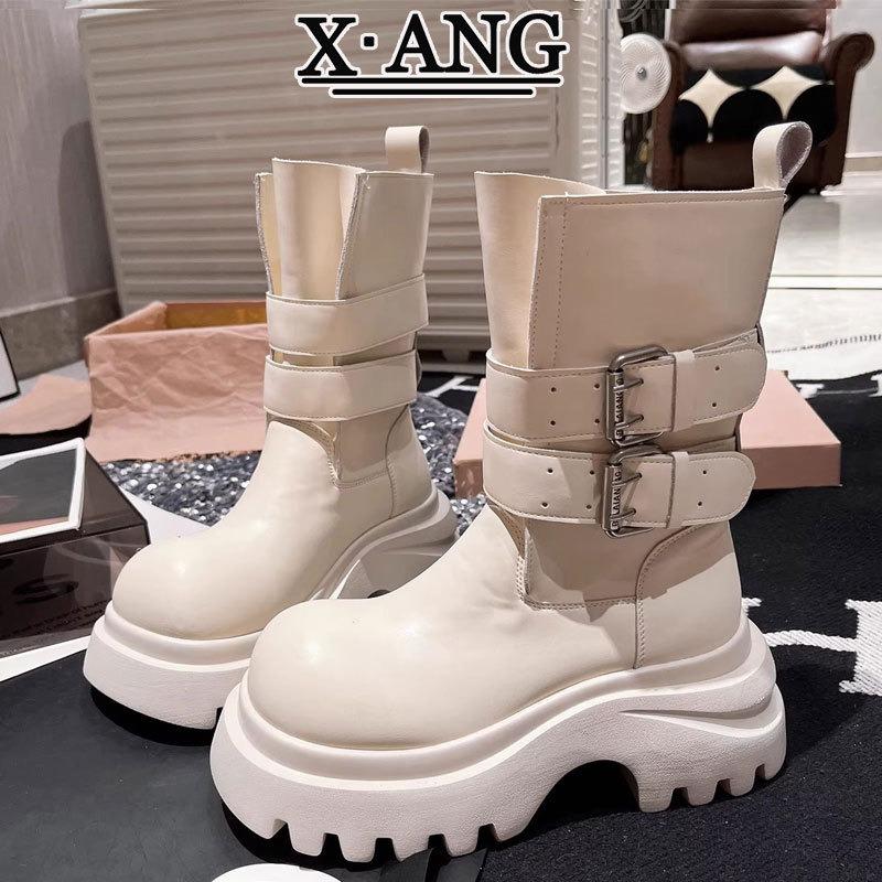 Leather Martin Boots Women's Thick-soled Heightened and Thin Small Chelsea Short Boots Cigarette Boots Medium Boots Locomotive Boots