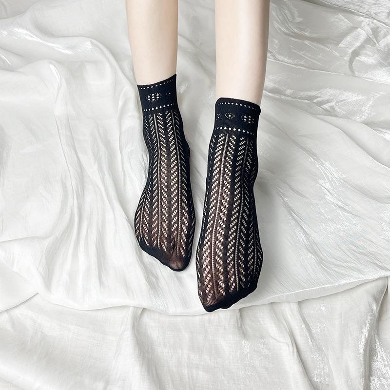 Calzini da donna in rete nera a pois con pizzo - Estivi, Sottili, Corti e Casual