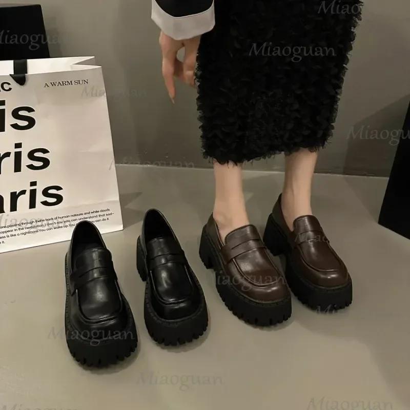 Women Loafers Thick High Heel Shoes Pu Leather Platform British Female Pumps Heightening Brown Slip On Design Punk Lolita Shoes