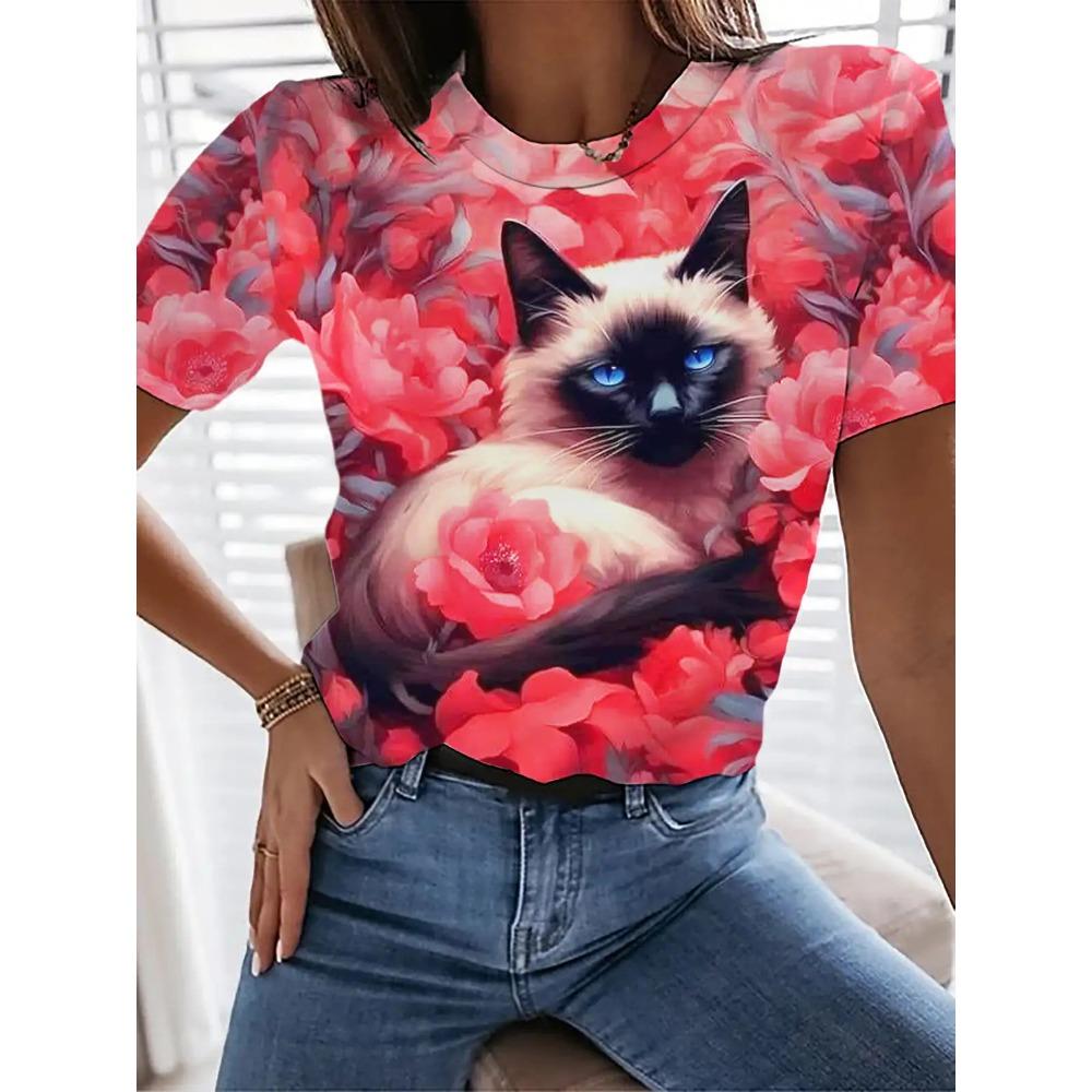 Y2K Summer Women's Kawaii Flower Print 3D Printed Shirt Fashion Casua Plus Size O-neck Top