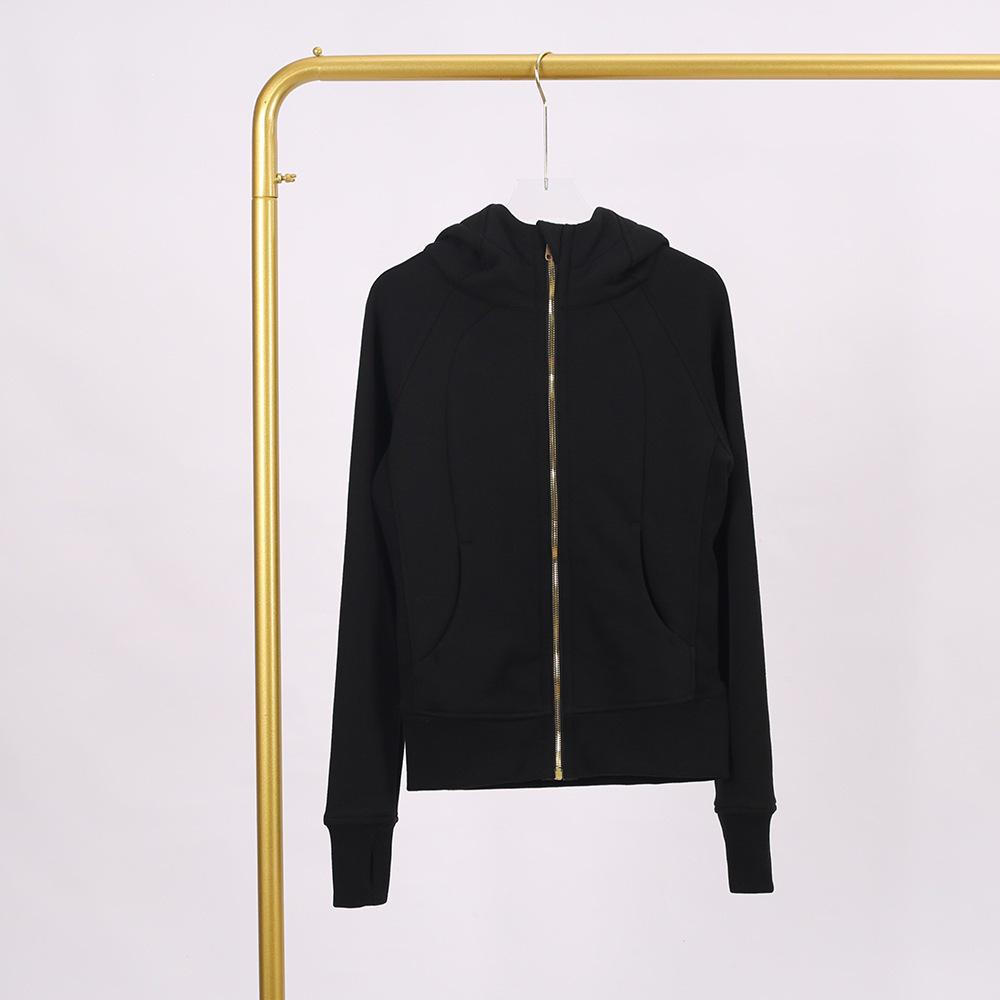LULU Embossed Slim Fit Full Zip Fleece Hoodie - Gold Logo & Zipper, Casual Yoga Wear.