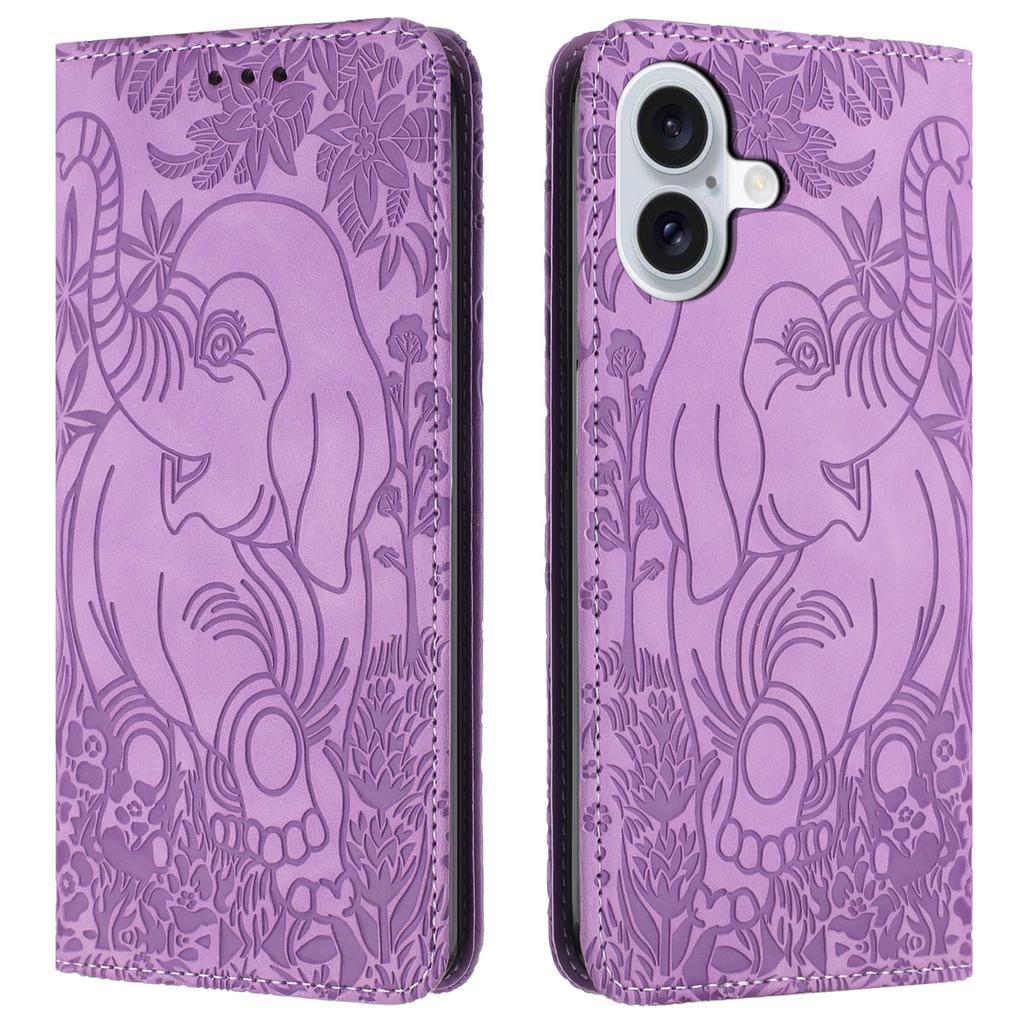 For iPhone 16 Plus Case PU Leather Wallet Phone Cover Elephant Pattern