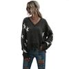 Women Star Pattern V Neck Tassel Knit Sweater Vintage Elegant Top Autumn Winter