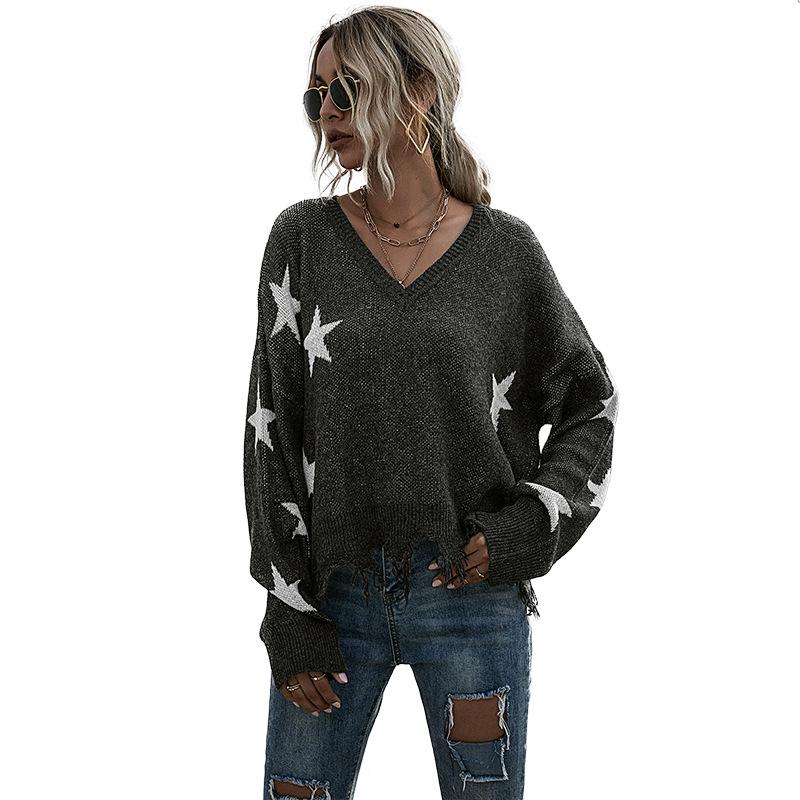 Women Star Pattern V Neck Tassel Knit Sweater Vintage Elegant Top Autumn Winter